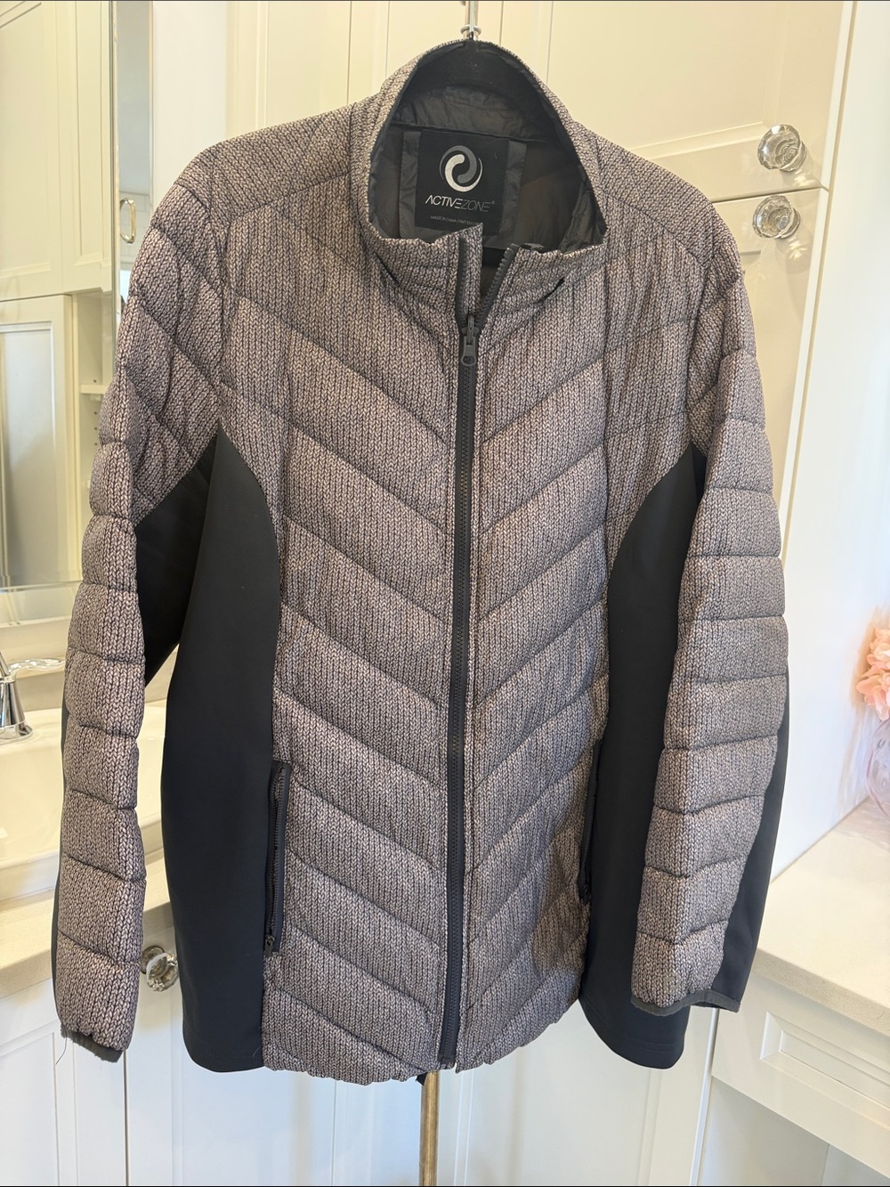 Active Zone Gray Quilted Puffer Jacket with Black Side Panels